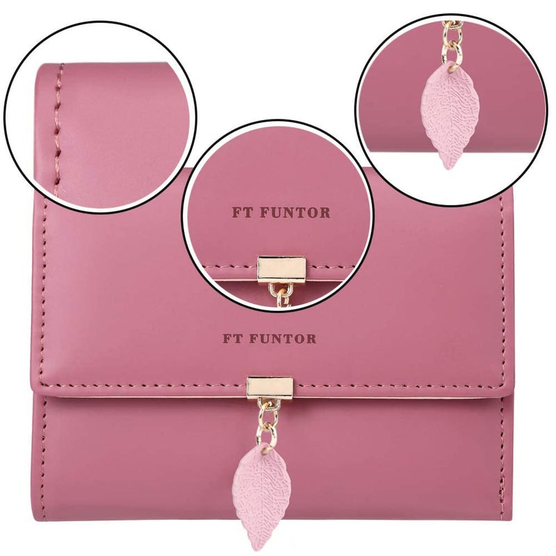 FT FUNTOR محفظة FT FUNTOR RFID للنساء، حافظة بطاقات على شكل ورقة، محفظة ثلاثية الطيات للسيدات، جيب بسحاب للنقود مع نافذة للهوية، وردي غامق - Image 3